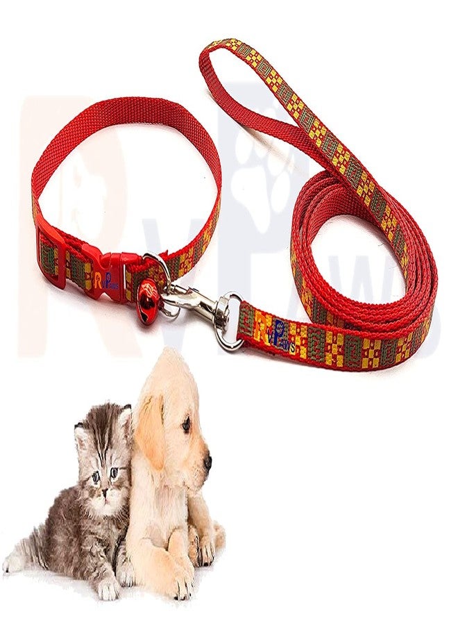 Pups&Pets Pets Printed Nylon 10MM Collar with Bell & Leash | Adjustable and Quick Release Collar Set | Attractive Collar with Leash for Puppies, Small Dogs and Cats (RED) - Image 1